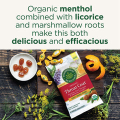 Organic label and packaging of Traditional Medicinals Throat Coat lozenges.