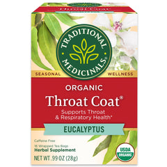 Traditional Medicinals Throat Coat Tea box and bags—organic blend for soothing throat comfort