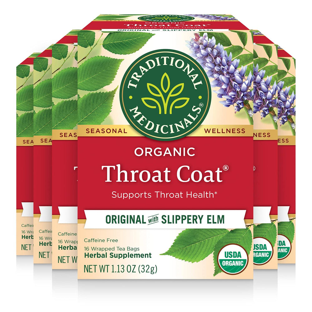 Traditional Medicinals Throat Coat tea box shows organic blend for throat comfort