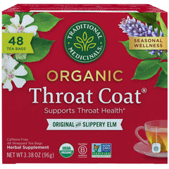 Traditional Medicinals Throat Coat tea box showing organic blend for throat support