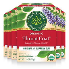 Traditional Medicinals Throat Coat tea box shows organic blend for throat comfort