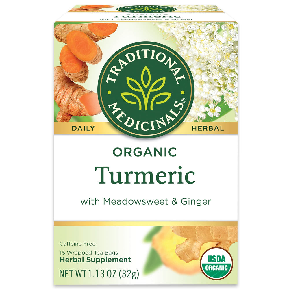 Traditional Medicinals turmeric tea with ginger and meadowsweet tea bags for soothing ritual