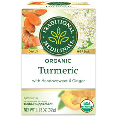 Traditional Medicinals turmeric tea with ginger and meadowsweet tea bags for soothing ritual