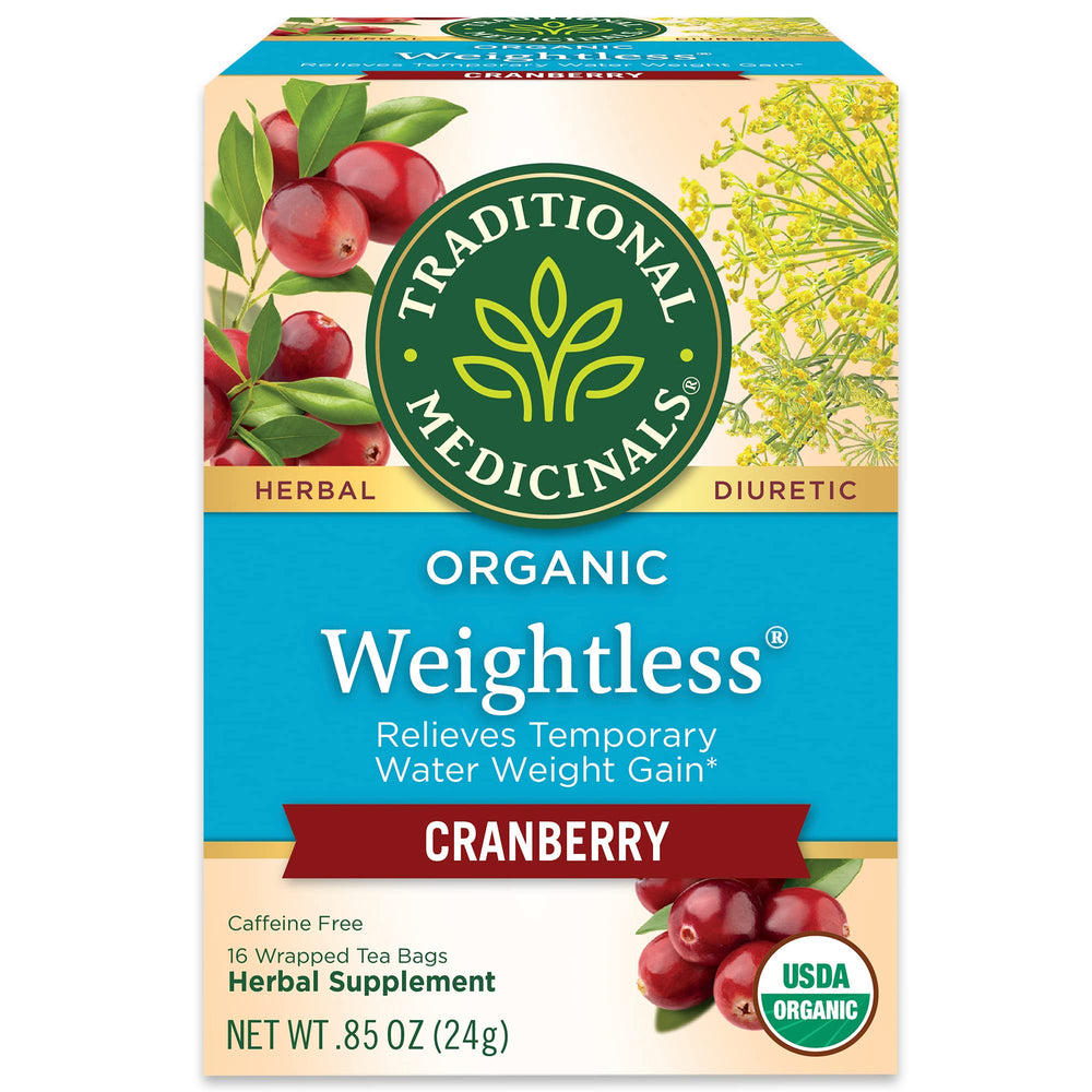 Traditional Medicinals Weightless Cranberry Tea bags promoting temporary water weight relief