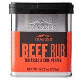 Traeger Beef Rub tin front label showcases bold molasses-chili flavor for beef.