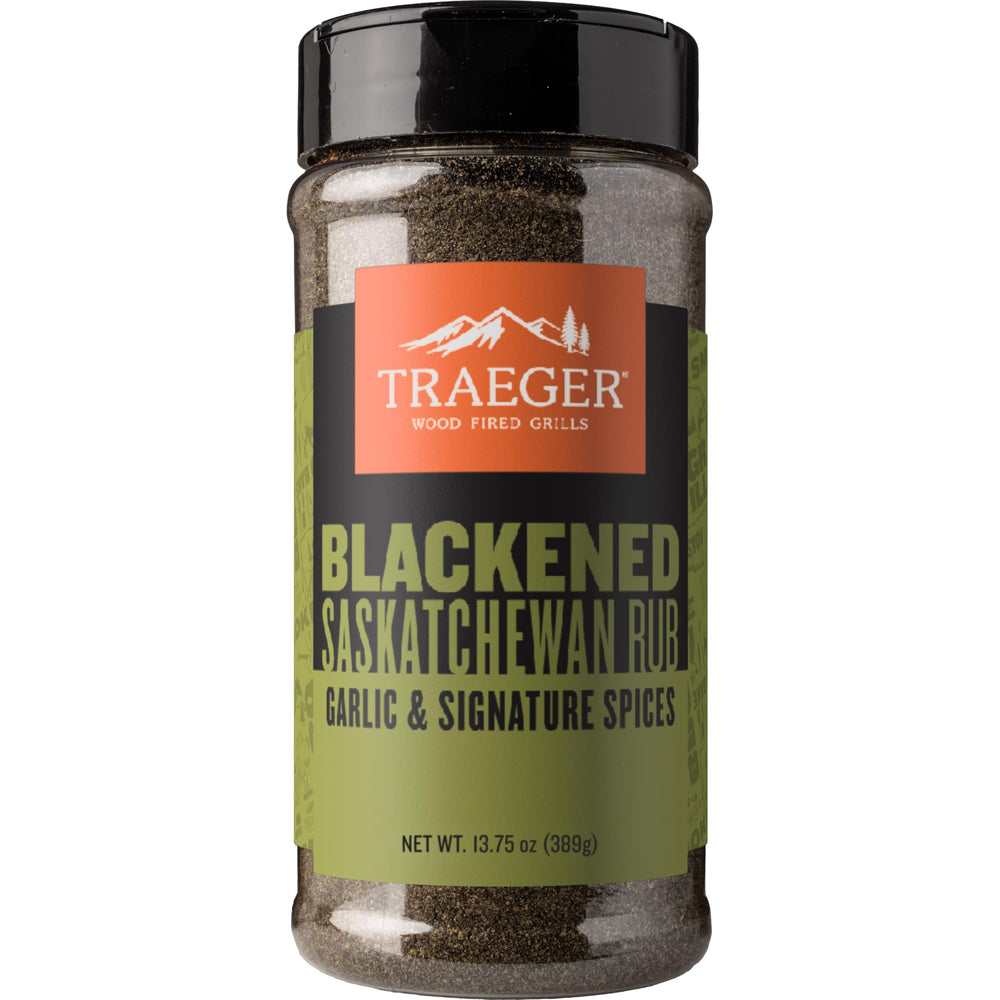 Traeger Blackened Saskatchewan Rub label showing garlic and spices for versatility