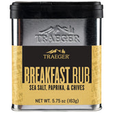 Traeger Breakfast Rub tin pack shot highlighting paprika and garlic flavor for breakfast favorites.