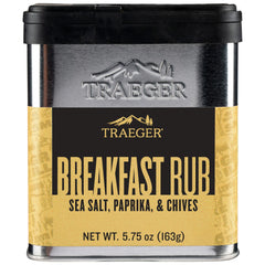 Traeger Breakfast Rub tin pack shot highlighting paprika and garlic flavor for breakfast favorites.