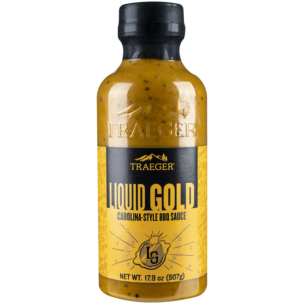 Traeger Liquid Gold BBQ Sauce bottle ready for versatile grilling.