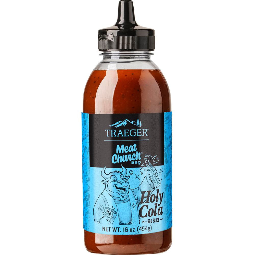 Traeger Meat Church Holy Cola BBQ Sauce bottle ready to glaze ribs