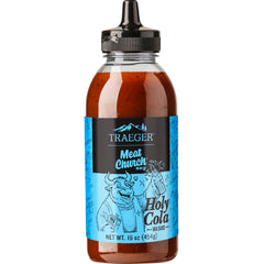 Traeger Meat Church Holy Cola BBQ Sauce bottle ready to glaze ribs