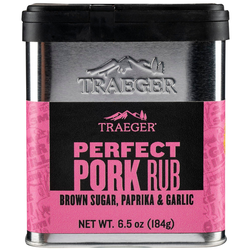 Traeger Perfect Pork Rub tin front with brown sugar and spice blend for pork flavor.