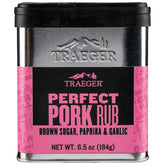 Traeger Perfect Pork Rub tin front with brown sugar and spice blend for pork flavor.