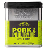 Traeger Rub Pork & Poultry jar closeup highlighting premium blend for flavorful grilling.