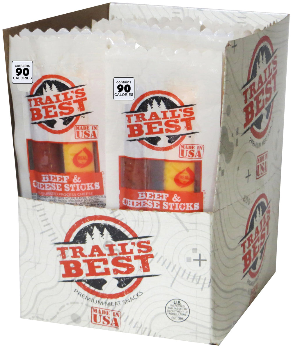 Trail's Best Beef & Cheese Sticks 20-pack in a convenient box for on-the-go snacking