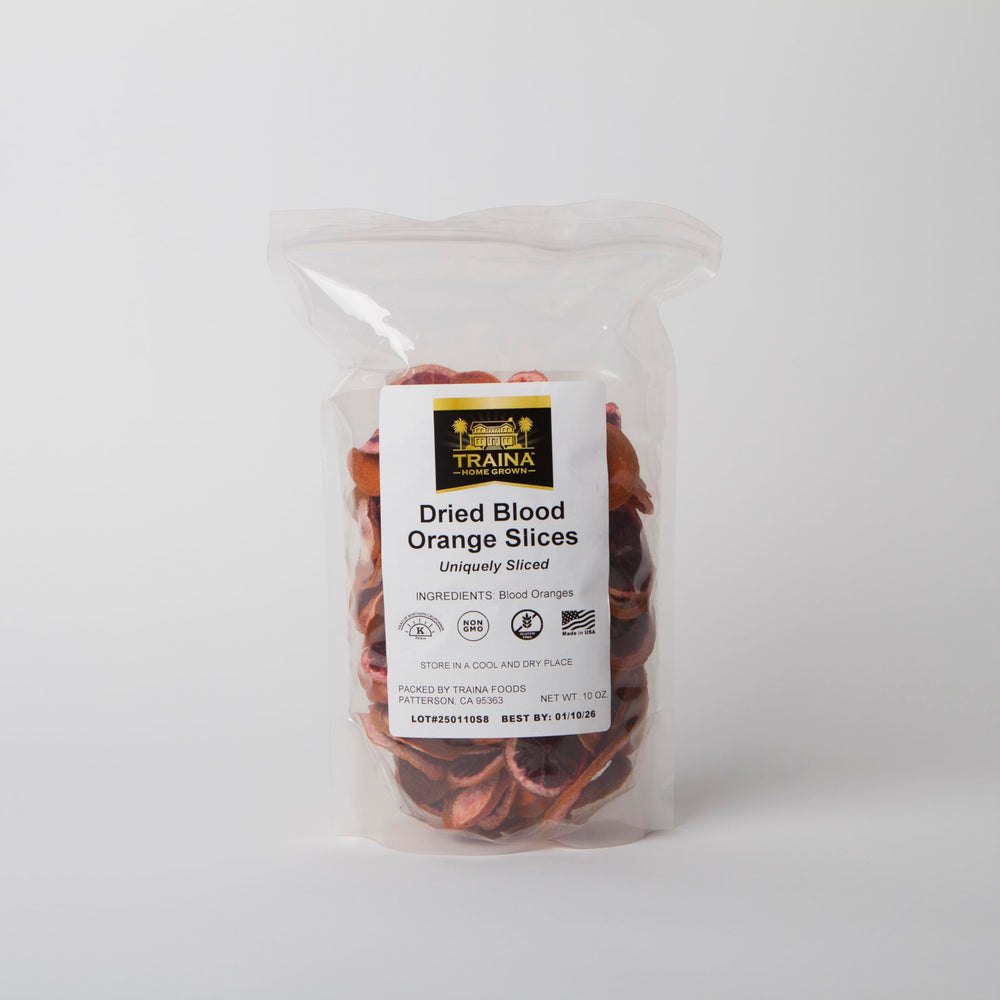 Traina Blood Orange Slices bag front view, gluten-free and kosher-certified fruit for recipes.