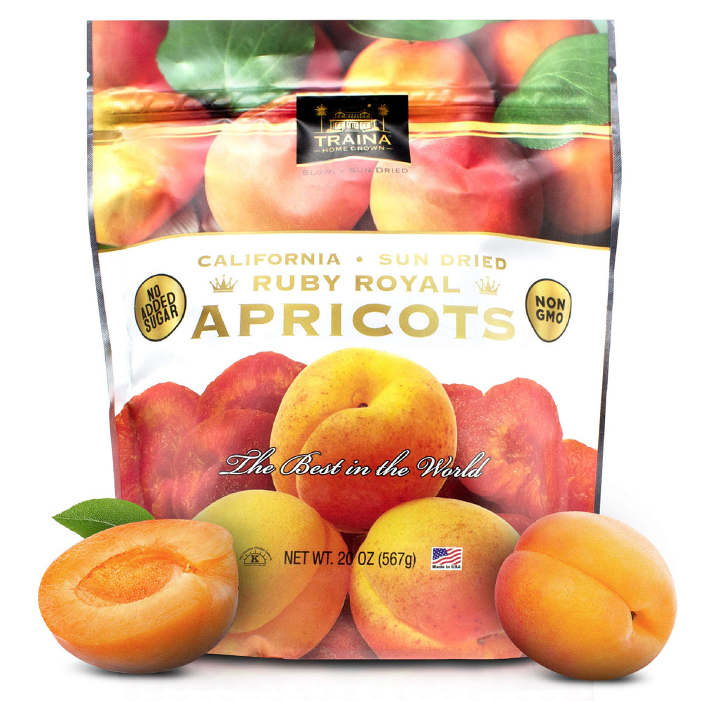 Traina Home Grown Ruby Royal apricots in a resealable 20 oz bag