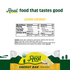 Kate's Real Food Lemon Coconut bar close-up with oats and almond butter showing natural ingredients