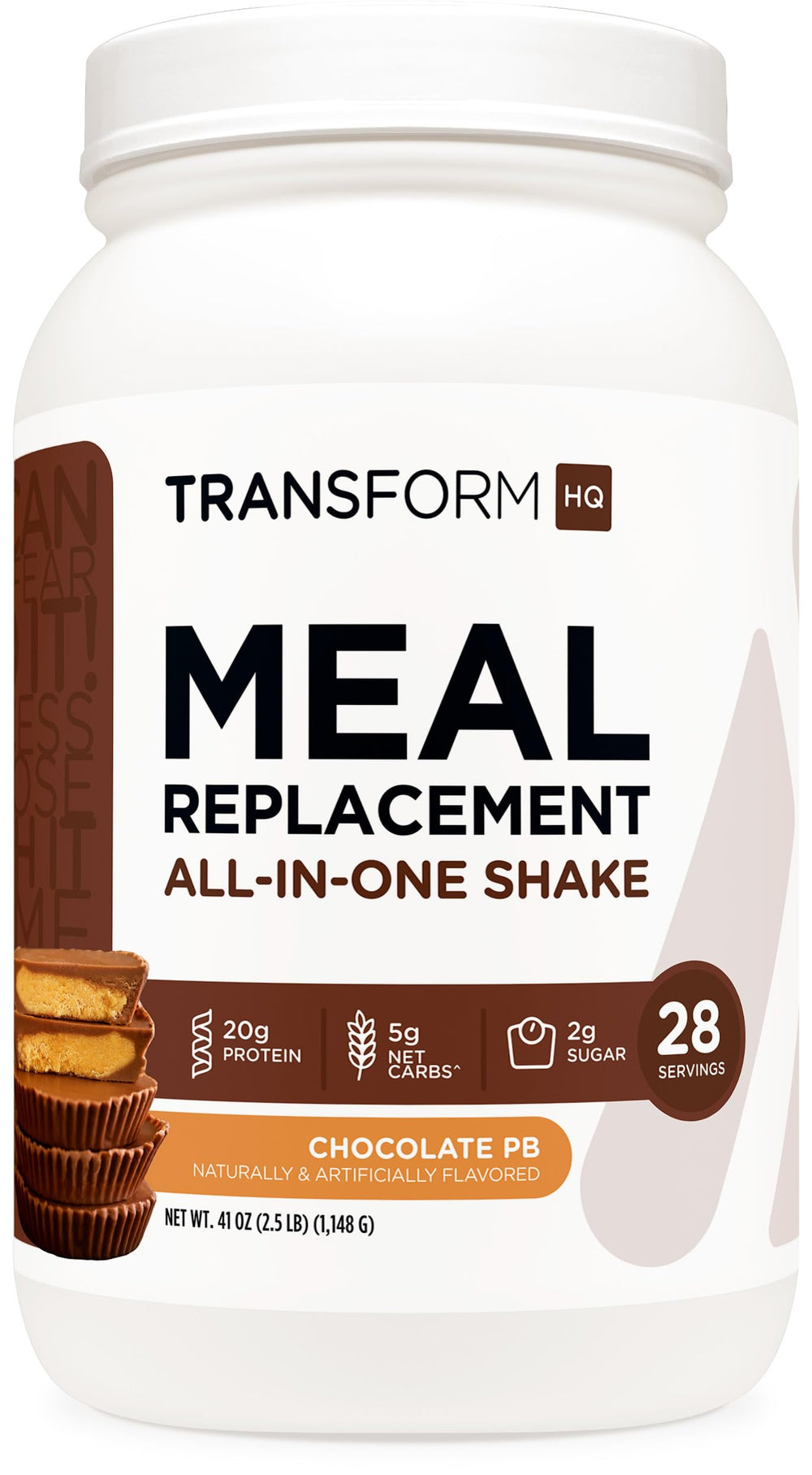 TransformHQ Meal Replacement canister with chocolate peanut butter flavor for convenient daily nutrition.