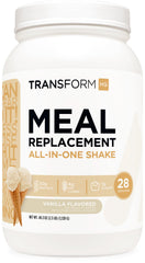 TransformHQ meal replacement vanilla bottle showing gluten-free, non-GMO formula for everyday nutrition.