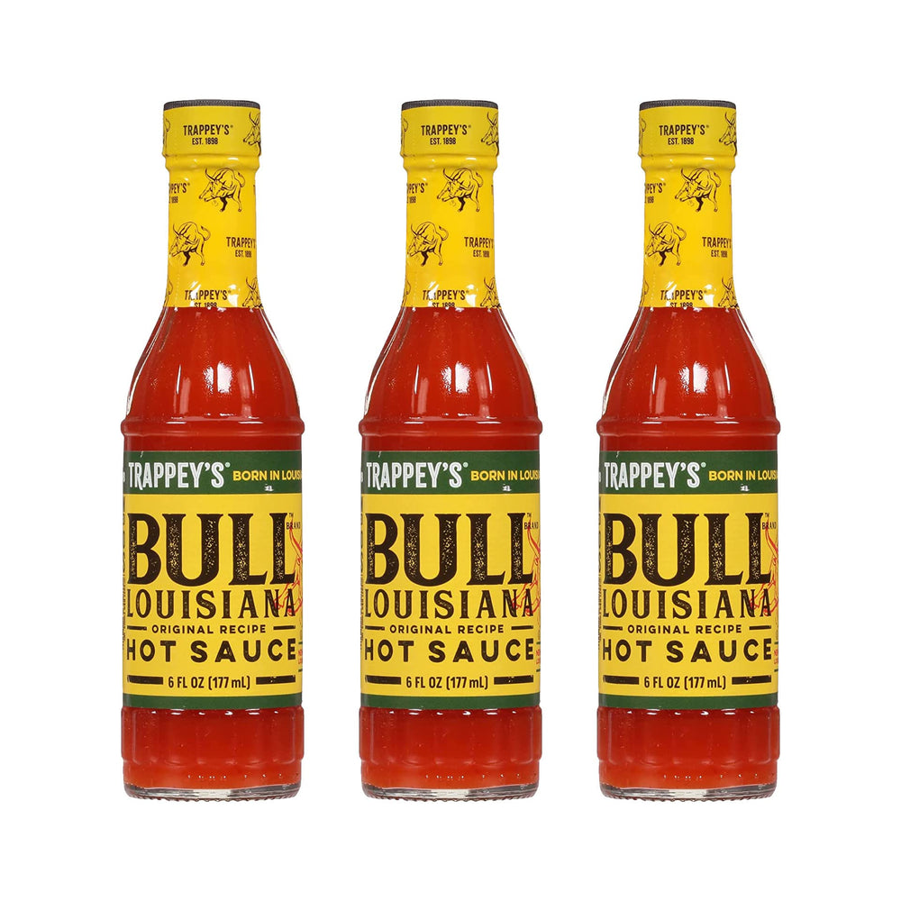 Trappey's Bull Brand hot sauce bottle side view for eggs and breakfast.