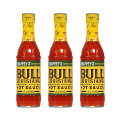 Trappey's Bull Brand hot sauce bottle side view for eggs and breakfast.