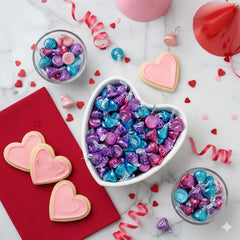 Foil-wrapped heart motif display featuring TREATBASKET treats