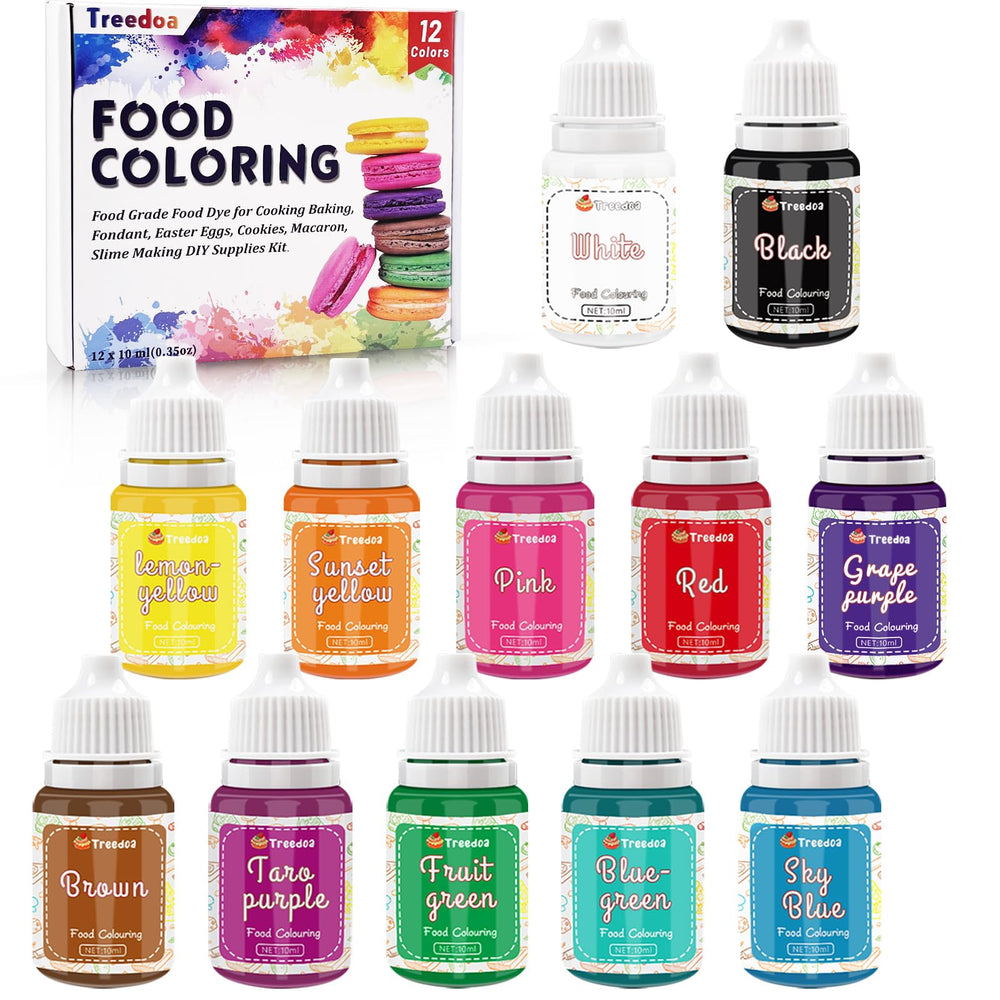 Treedoa 12-color bottle set showing bright, food-grade color options for baking and decorating.
