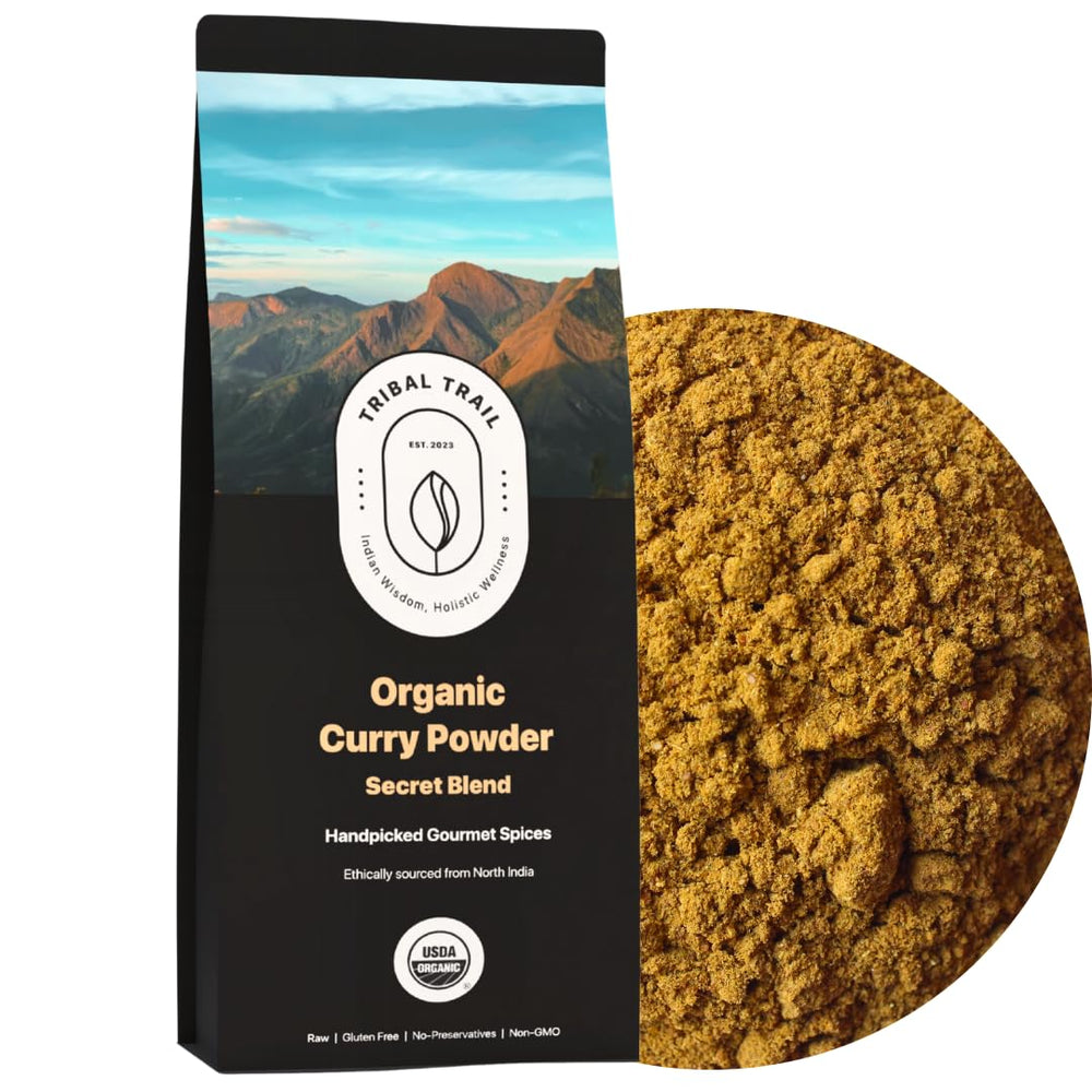Tribal Trail Organic Curry Powder jar closeup highlights rich aroma for authentic curries.