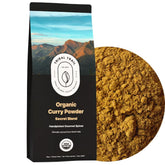 Tribal Trail Organic Curry Powder jar closeup highlights rich aroma for authentic curries.