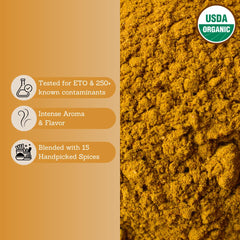 Tribal Trail Organic Curry Powder packaging shows recyclable Kraft bag for eco-friendly cooking.