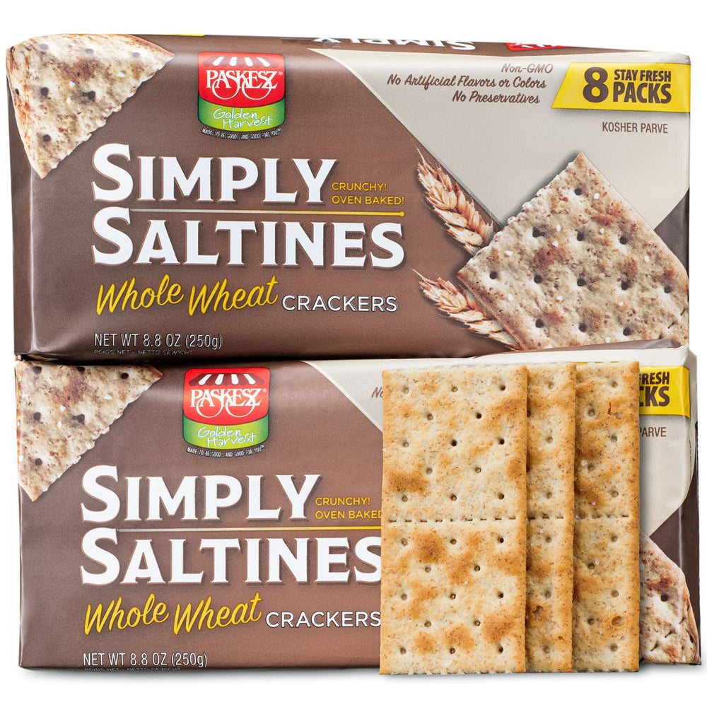 Tribello Paskesz Simply Saltines Original Wheat crackers on plate, ideal for dipping.