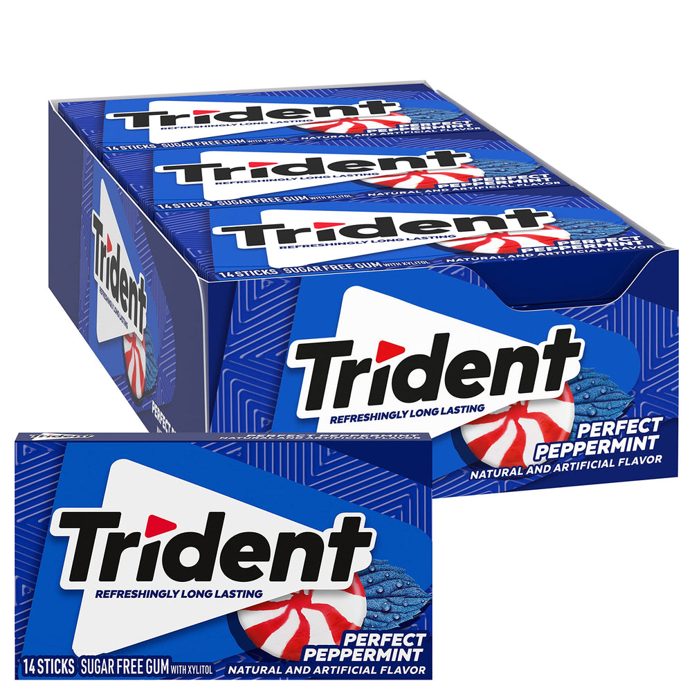 Trident Perfect Peppermint gum packaging shows 12 packs for easy bulk refreshment.