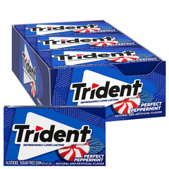 Trident Perfect Peppermint gum packaging shows 12 packs for easy bulk refreshment.