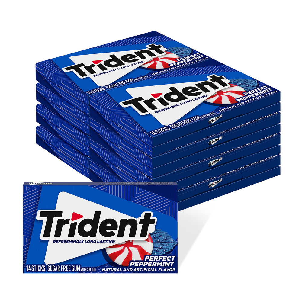 Trident Perfect Peppermint gum 10-pack display for fresh breath on the go.