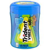 Trident Vibes Blue Raspberry gum shell closeup for bold on-the-go flavor.