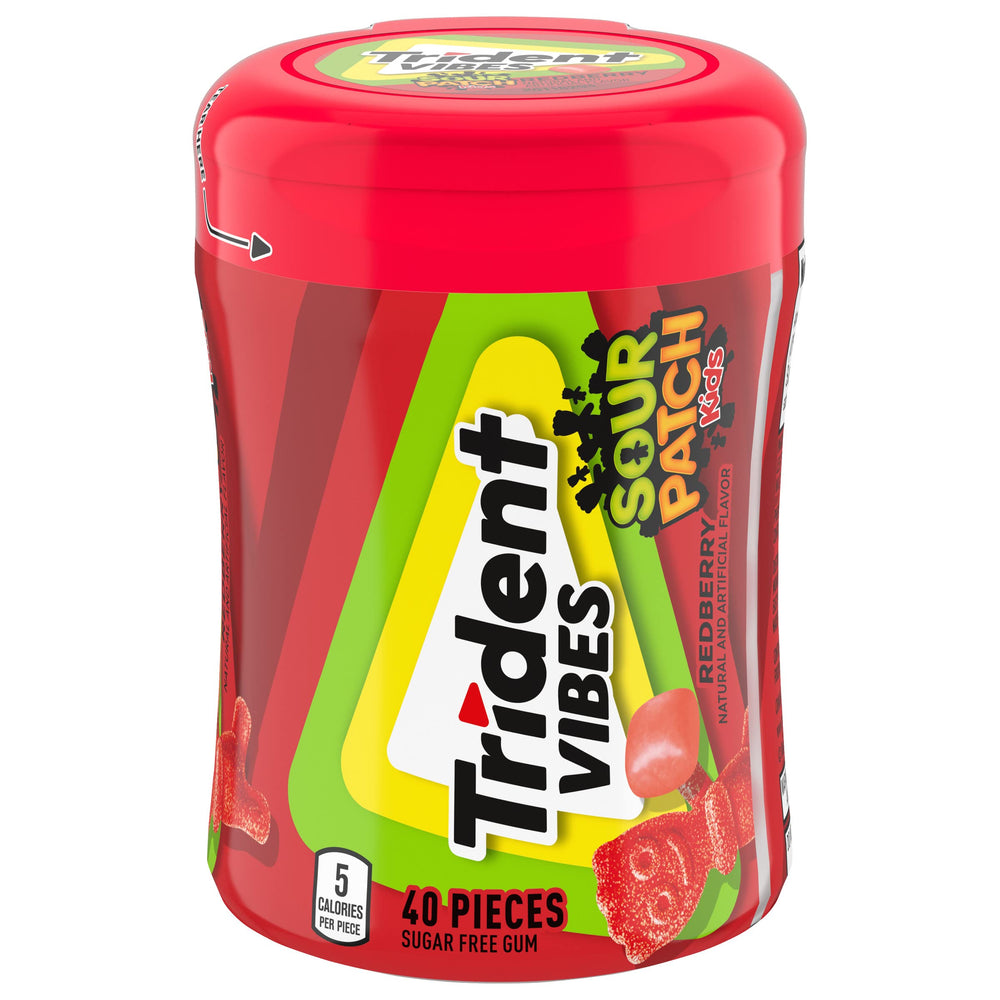 Trident Vibes Sour Patch Kids Redberry gum bottle front for on-the-go freshness.