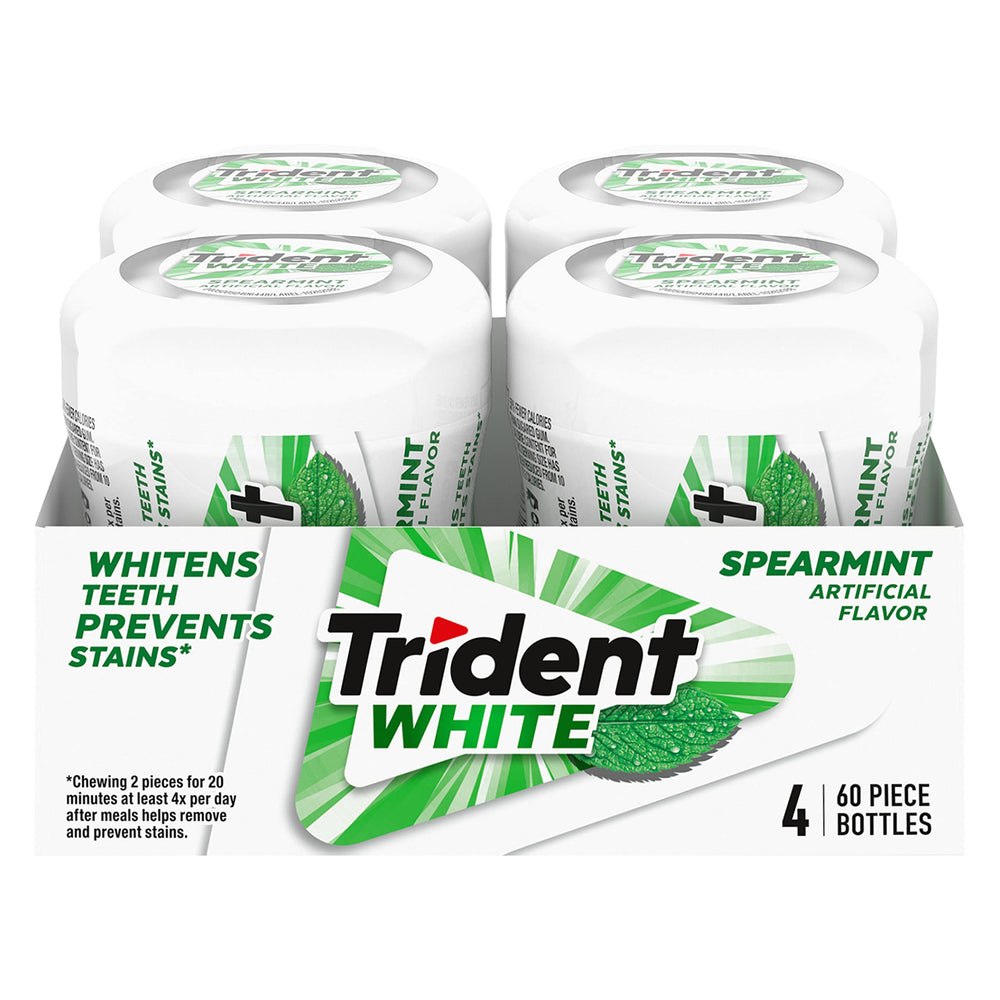 Trident White Spearmint gum bottle front shows four-pack for on-the-go freshness.