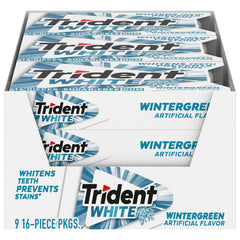 Trident White Wintergreen gum pack with 16 pieces for quick minty freshness.