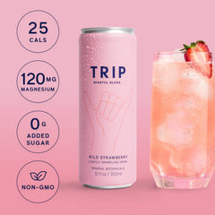 TRIP Lightly Sparkling served in glass with can on ice.