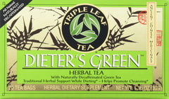 Triple Leaf Teas Dieter's Green Herbal Tea bag on a saucer for a refreshing break.