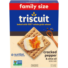 Triscuit cracked pepper and olive oil crackers close-up texture showcases crisp woven surface.