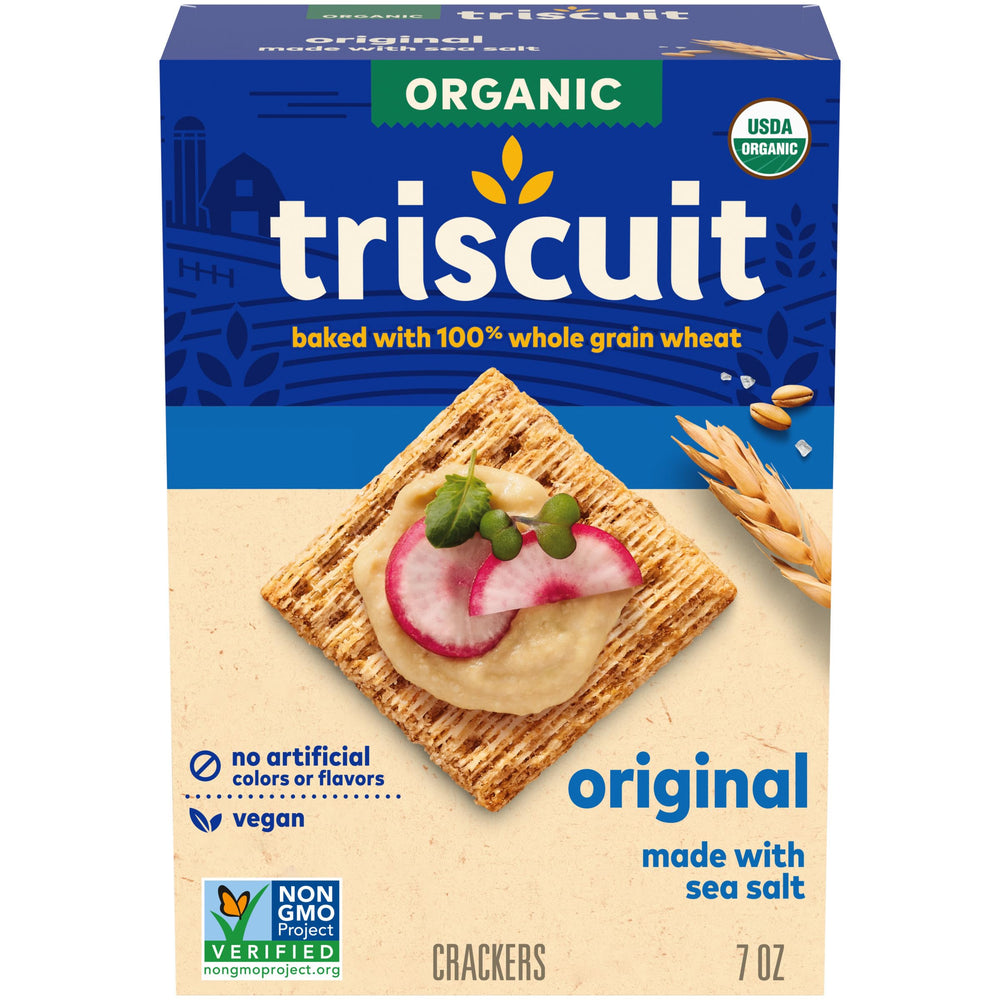 Triscuit Organic Original Whole Grain Wheat crackers box, a wholesome pantry staple for lunches