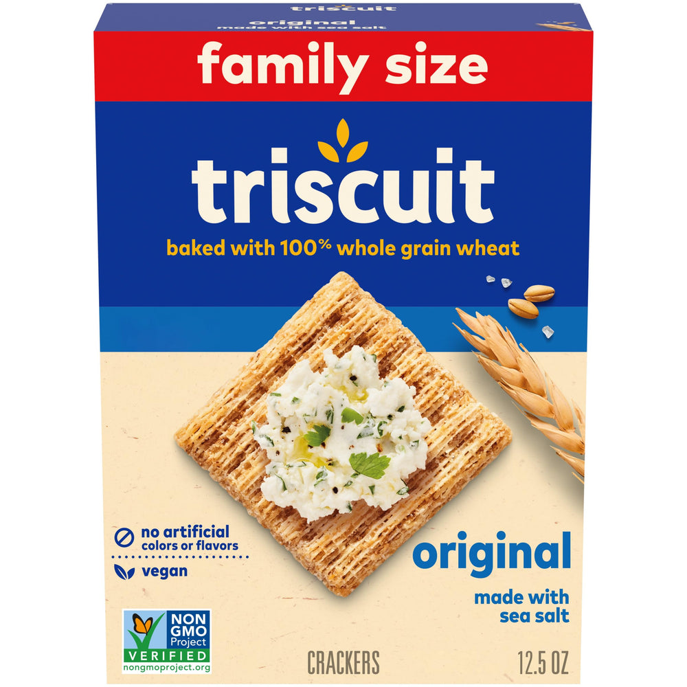 Triscuit Original crackers packaging highlights simple ingredients for everyday snacking.