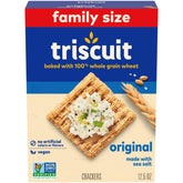 Triscuit Original crackers packaging highlights simple ingredients for everyday snacking.