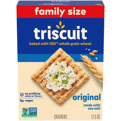 Triscuit Original crackers packaging highlights simple ingredients for everyday snacking.