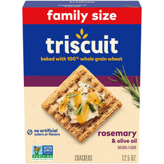 Triscuit Rosemary and Olive Oil crackers packaging shows a family size box for sharing