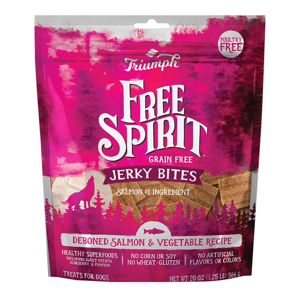 Triumph Free Spirit salmon jerky bites pack with grain-free dog rewards