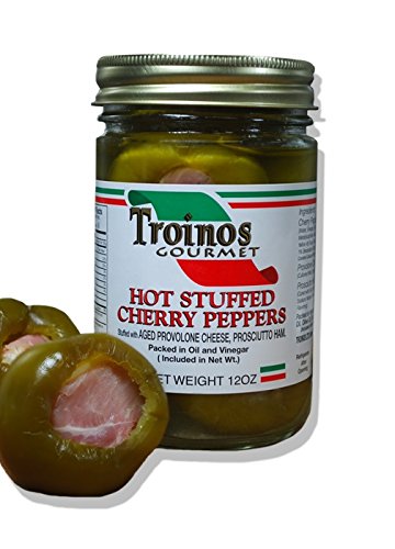 Troino's Gourmet hot stuffed cherry peppers with prosciutto and provolone, ideal antipasto.
