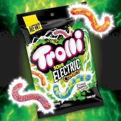Trolli Electric Crawlers flavors closeup showcases Watermelon-Strawberry, Blueberry-Lemonade, Mango-Dragon Fruit